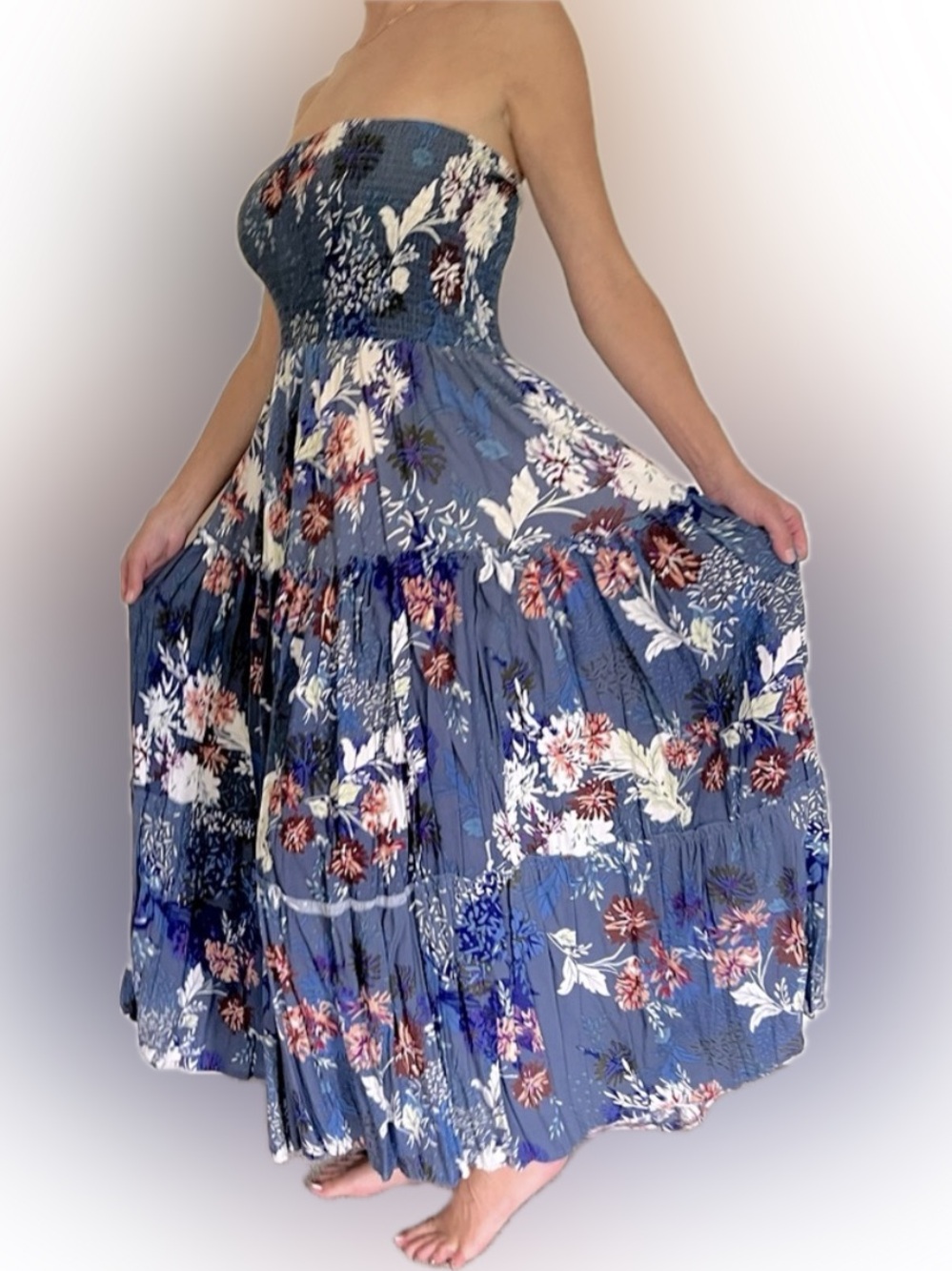 Anthropologie Jaase Strapless smocked & flowy BOHO FLORAL MAXI Dress size Small